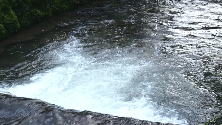 Dramatic footage of fast-flowing river water churning into white foam and rapids, capturing the raw energy of nature.