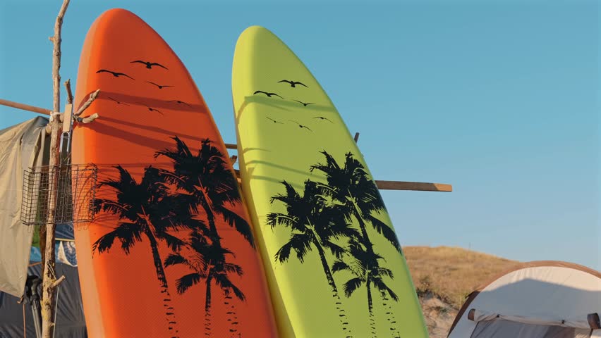 Detailed view of tropical printed stand up paddle boards with palm trees and birds pattern on sandy beach. Summer recreation, surf culture and coastal lifestyle concept.