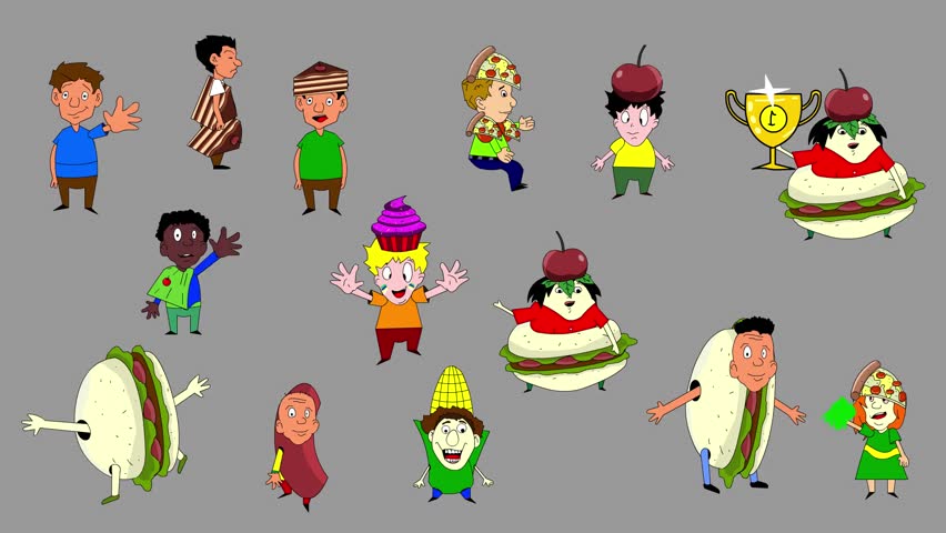 Carnival animation in cartoon style with people parading in food costumes on a gray background, art, 2D.