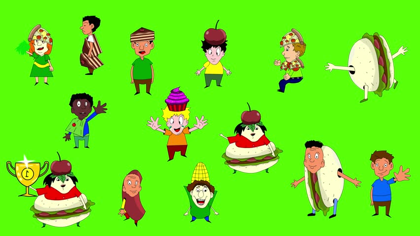 Carnival animation in cartoon style with people parading in food costumes on a green background, art, 2D, party.