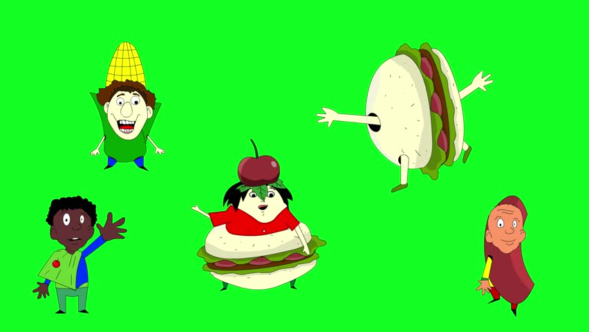 Carnival animation in cartoon style with people parading in food costumes on a green background, art.