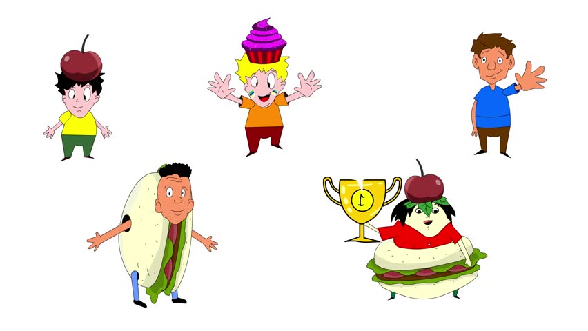 Carnival animation in cartoon style with people parading in food costumes on a white background, art.