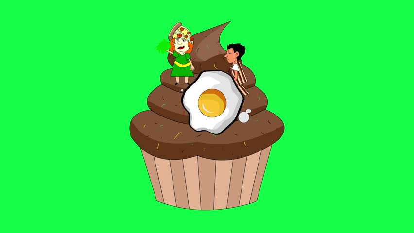 Carnival animation in cartoon style with people parading on a float and in food costumes on a green background, 2D, party.