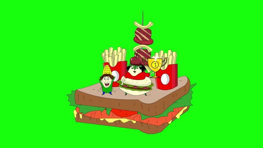 Carnival animation in cartoon style with people parading on a float and in food costumes on a green background, art.