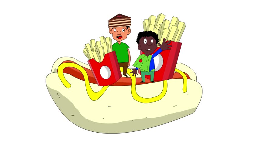 Carnival animation in cartoon style with people parading on a float and in food costumes on a white background, art.