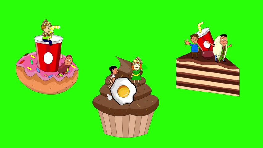 Carnival animation in cartoon style with people parading on floats and in food costumes on a green background, 2D.