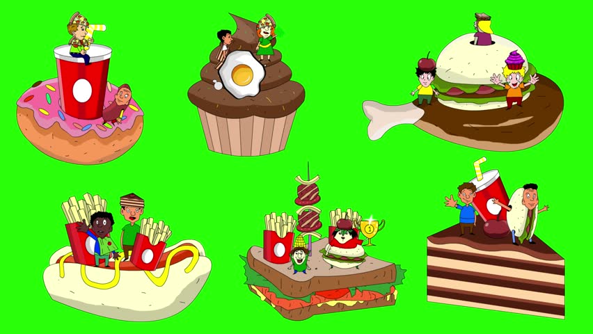 Carnival animation in cartoon style with people parading on floats and in food costumes on a green background, party, art, 2D.