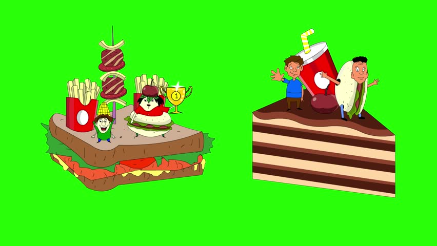 Carnival animation in cartoon style with people parading on floats and in food costumes on a green background, party, art.