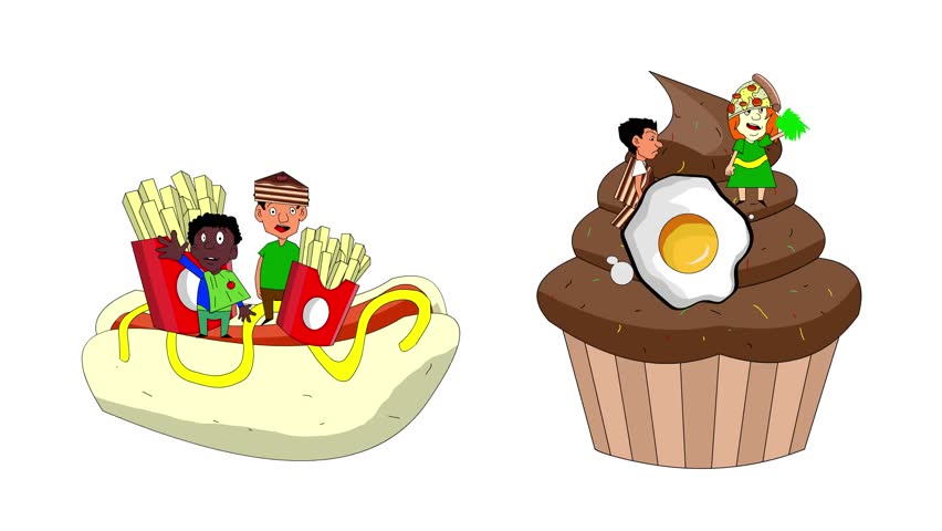 Carnival animation in cartoon style with people parading on floats and in food costumes on a white background, art, 2D.