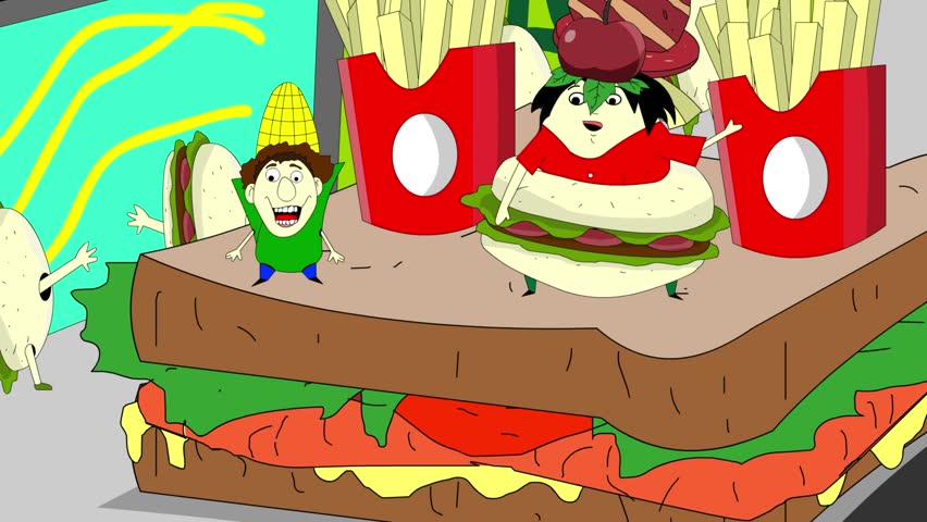 Carnival animation in cartoon style with people parading on floats and in food costumes, art, 2D.