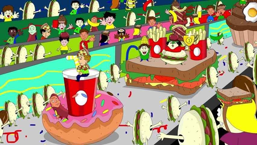 Carnival animation in cartoon style with people parading on floats and in food costumes, party, art.