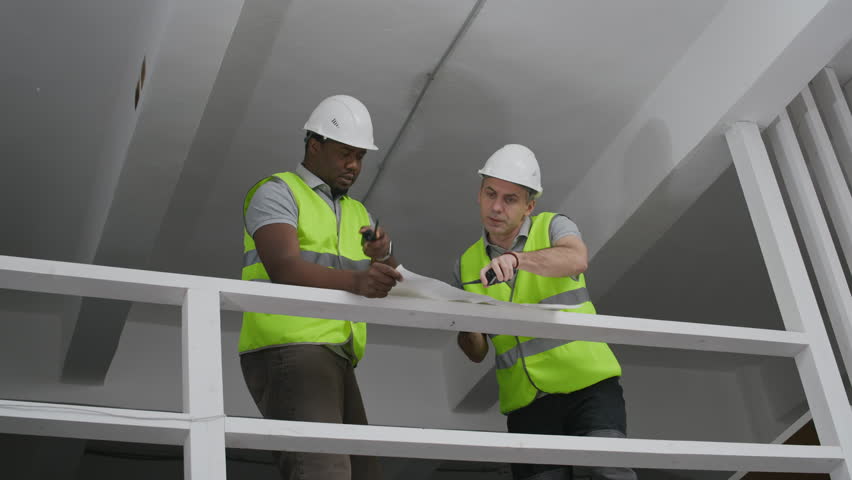 Low angle view of diverse male builders with blueprint and walkie-talkie working together at indoor renovation site