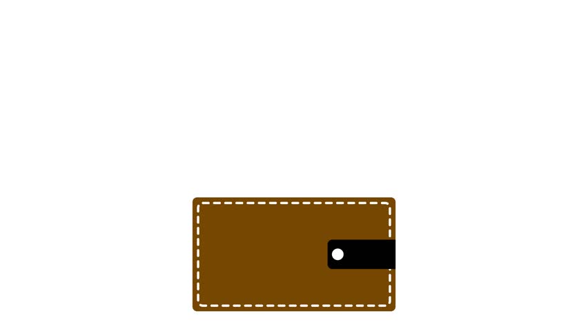 Golden dollar coins falling into a brown leather wallet. Trendy flat style motion design animation on isolated white background.