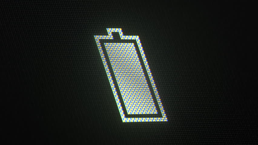 Icon of a battery losing charge. Macro shot with RGB pixel texture visible. 3D render animation