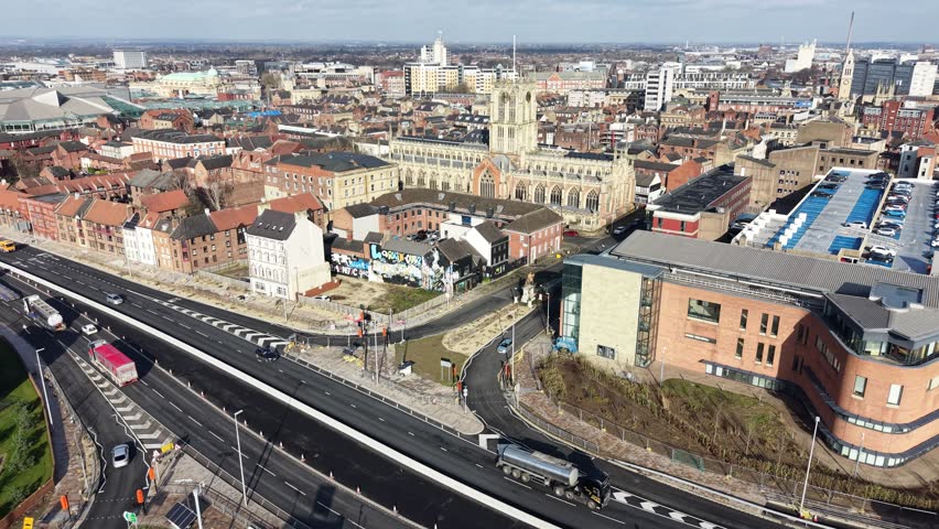 areal views of Hull Minster is an Anglican Church in the centre of Hull.  The church was called Holy Trinity Church. East Riding of Yorkshire, England