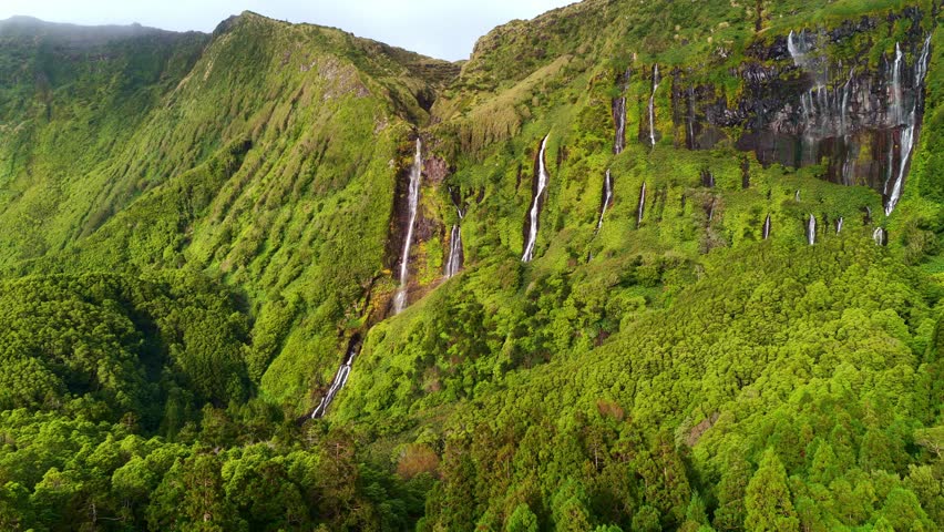 pristine nature of Flores island, hiking paradise in the Azores, tourism in Portugal, the Azores islands, hiking on idyllic Flores island, Ribeira do Ferreiro waterfalls drone view