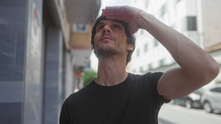 Man shielding eyes with hand on narrow urban street under bright midday sunlight while gazing upward; anticipation.