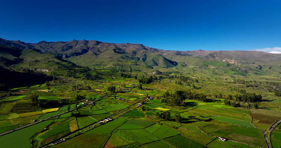 Lush fertile patchwork farm landscape of Colca Canyon, Chivay, Peru. Aerial