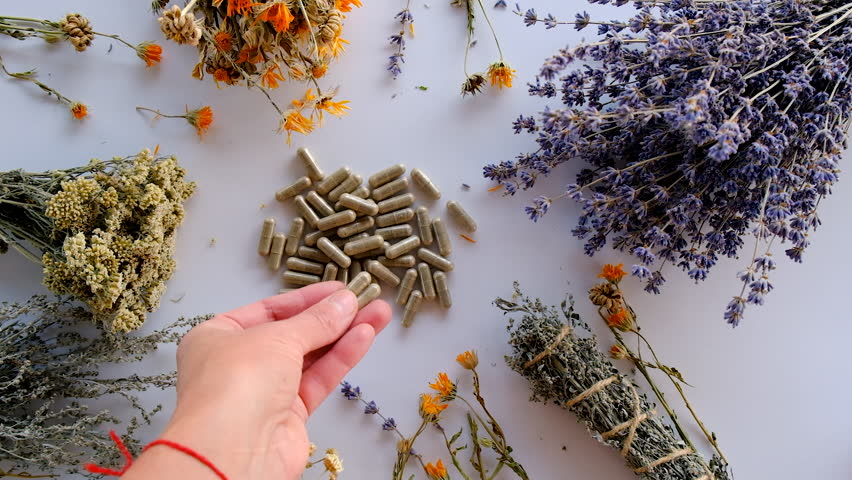 Dried medicinal herbs and flowers. Selective focus.