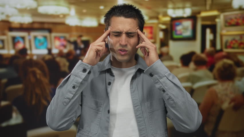Young man in an art gallery indoors appears stressed with fingers on temples among blurred paintings and audience suggesting discomfort.
