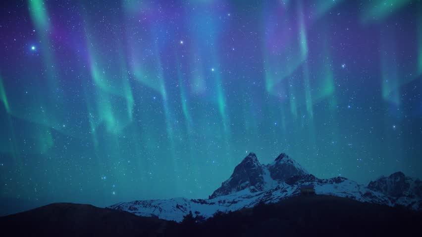 Aurora borealis dancing above jagged peaks, vivid green and teal curtains illuminating snowcovered ridges and starstrewn sky, panoramic timelapse potential for cinematic nature scenes