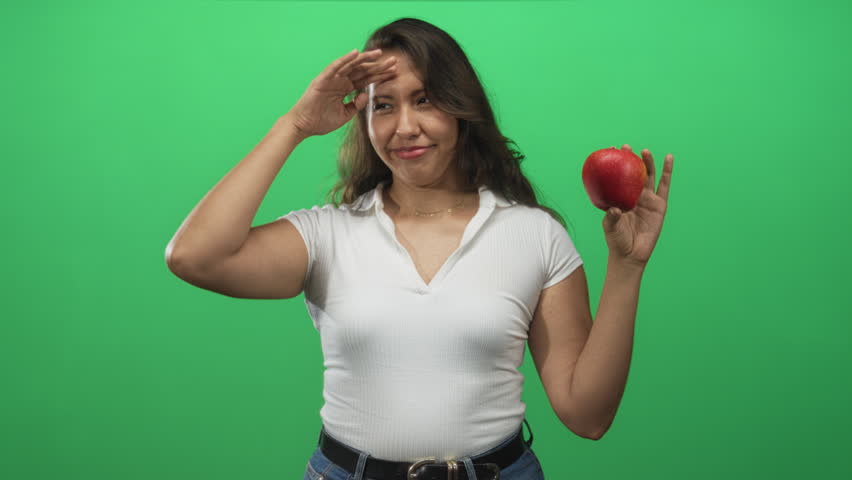 Woman holding red apple near face with hand to forehead, slight smile, wearing white top and jeans belt in green studio; playful nutrition.