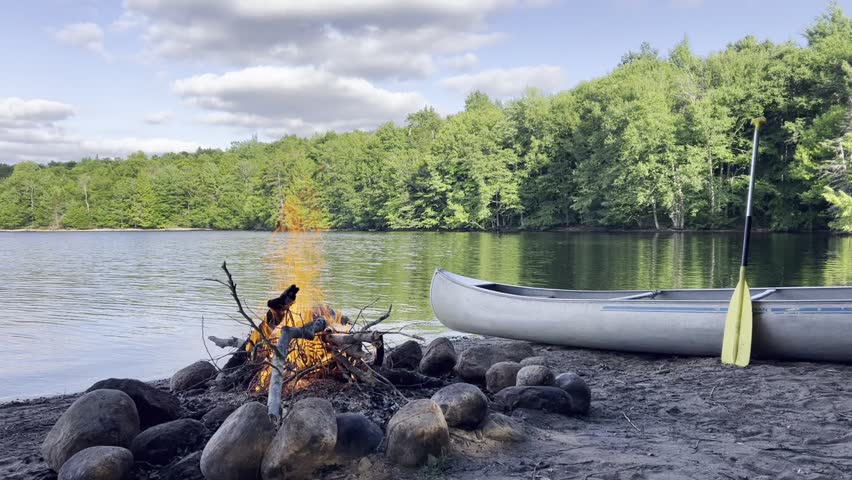 Beautiful fire burning on the lake shoreline with a boat in the background