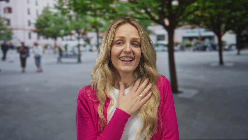 Young blonde woman smiling outdoors on a street with a vibrant pink sweater and long hair, surrounded by trees and blurred urban life in the background, exuding happiness.