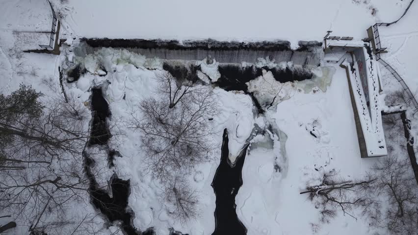 Winter aerial view at Wiswall Falls in Durham, New Hampshire
