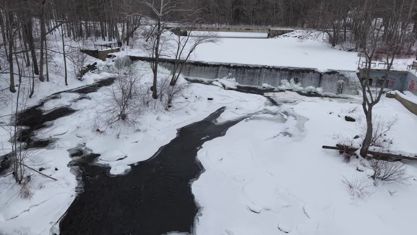 Winter aerial view at Wiswall Falls in Durham, New Hampshire
