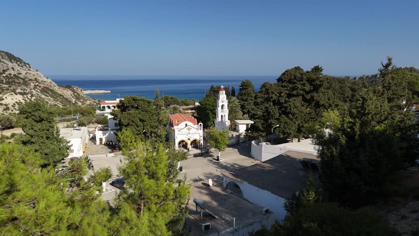Rodos Greece coastal church aerial view on a sunny day