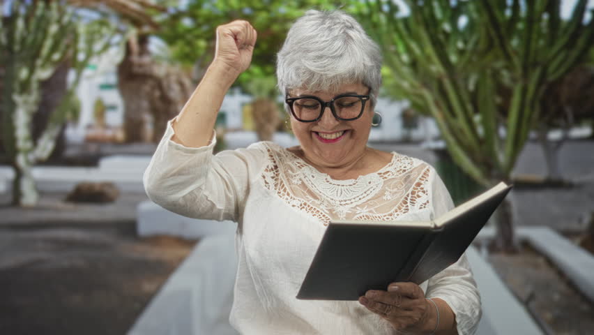 Woman reading book, hands holding open book while seated on bench among succulent trees in building courtyard; quiet leisure serenity.