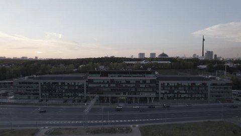 Drone Rising Sunset near Office Building
