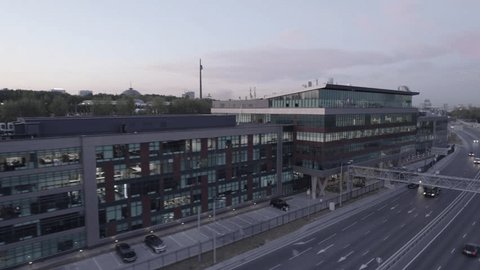 Circular Drone Flight Opposite Business Center Dusk