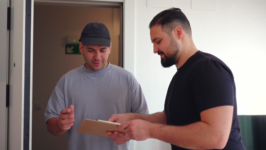 Home service specialist reviews notes on clipboard while talking to male customer near doorway. Indoor residential setting emphasizes repair coordination and maintenance planning.