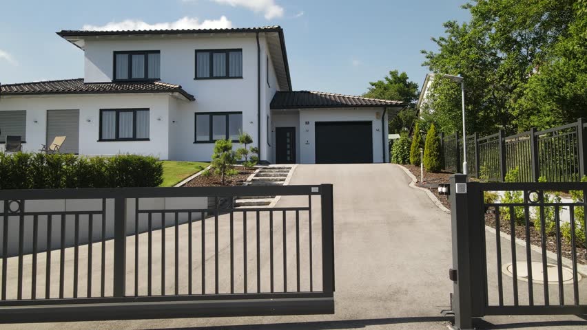 Modern detached house with driveway and metal gate in a quiet German suburban neighborhood. Bright sunny day, clean facade, garage and landscaped front yard.