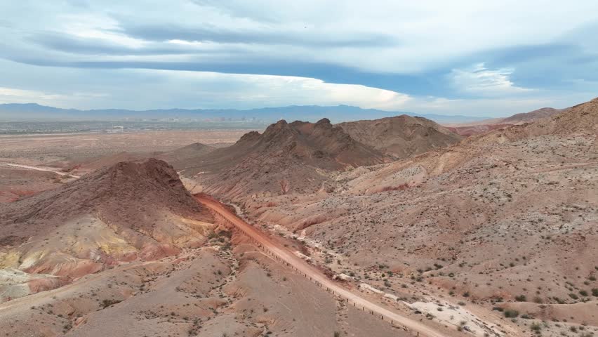 Aerial Lava Butte Nevada Desert Landscape Las Vegas Skyline Flyover. 3D Illustration