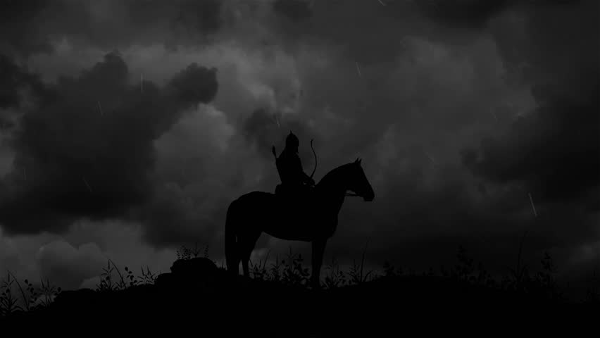 Nomadic Hun Warlord on Horse in Storm
