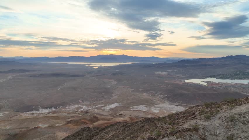 Aerial Lake Mead Desert Landscape Sunrise Lava Butte Nevada Flyover. 3D Illustration