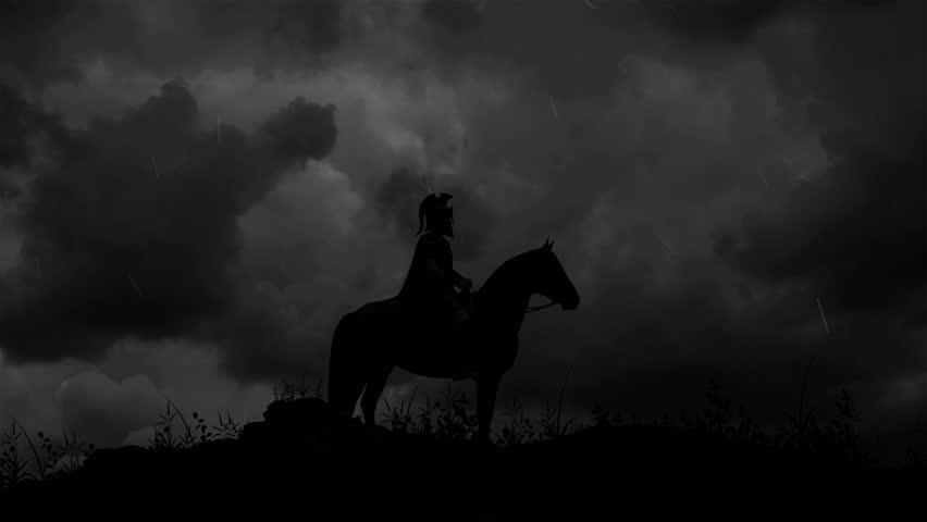Ancient Athenian Naval Commander on Horse in Dark Storm