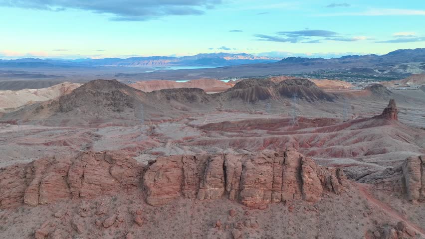 Aerial Red Rock Cliffs and Lava Butte Nevada Desert Lake Mead Flyover. 3D Illustration