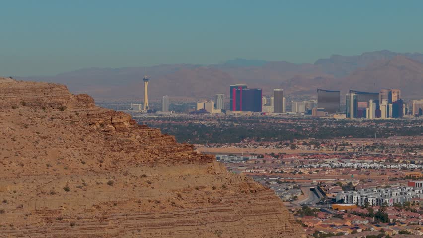 Aerial Las Vegas Skyline Desert Hills Residential Suburbs Flyover. 3D Illustration