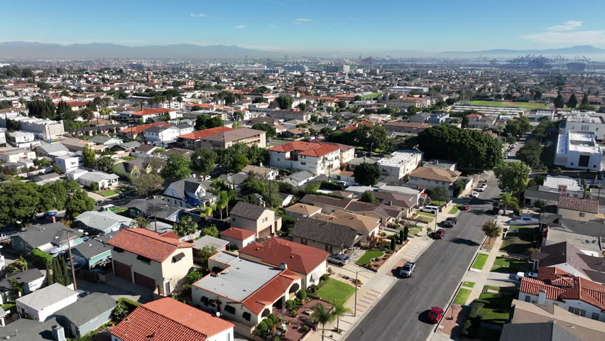 San Pedro, California, USA - Aerial View of Residential Homes Overlooking Wilmington and the Port of Long Beach, CA