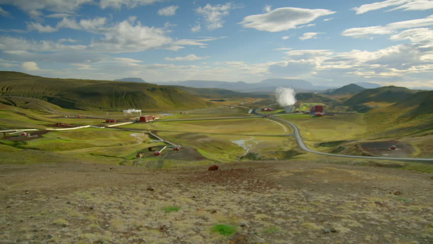 Geothermal power station generating sustainable energy in the green volcanic landscape of Iceland