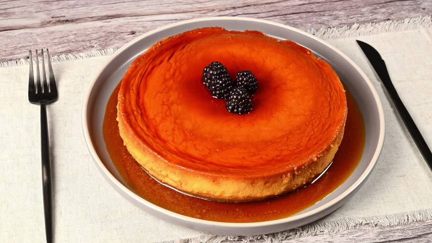 Cutting a slice of egg custard, flan dessert