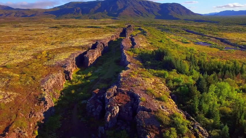 Aerial view of the fissure between the Eurasian and North American tectonic plates at sunset