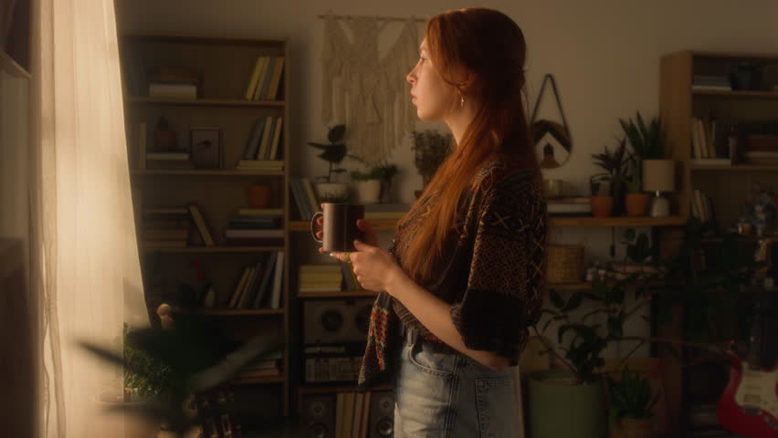 Side view shot of red haired young woman standing by window at home and enjoying cup of coffee in eclectic interior with plants in background, warm light streaming through curtains, copy space