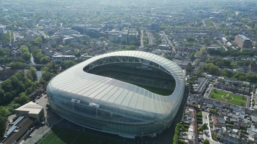 Bird Eye view of the iconic Aviva Stadium, a large and modern stadium for football, rugby and concerts in Dublin - Ballsbridge