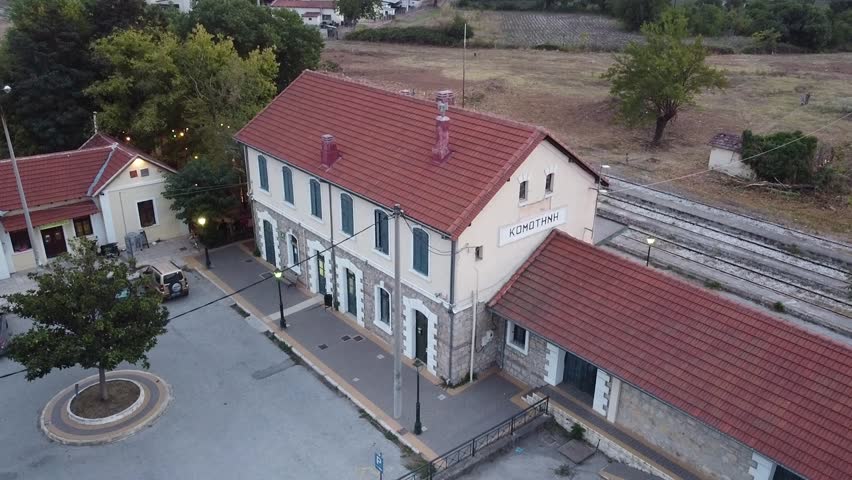 A cinematic look at the historic Komotini Railway Station, featuring its traditional architecture. A key transportation hub and cultural landmark of Western Thrace, Northern Greece