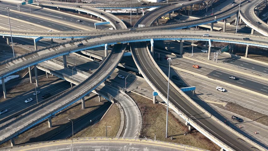 High angle perspective showing the intricate network of roads and vehicle traffic I96 and M39  intersection in Detroit, Michigan.